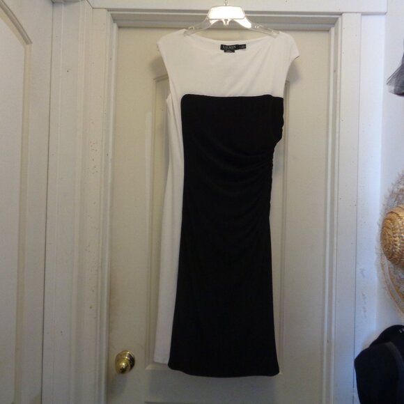 LAUREN BY RALPH LAUREN BLACK & WHITE KNIT DRESS RUCHED SIDE 8 - Picture 1 of 6
